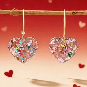 Gold and Pink Heart Confetti Dangle Earrings